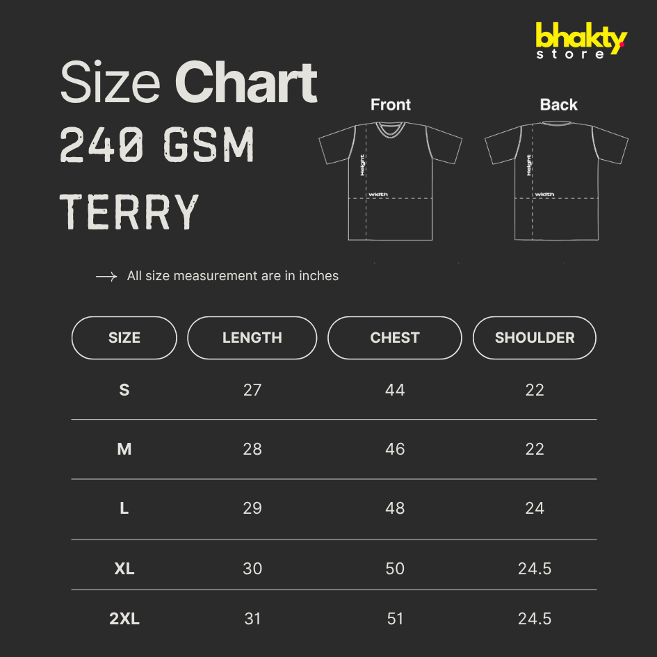 Size chart for t-shirts with measurements in inches, branded as Bhaktystore.