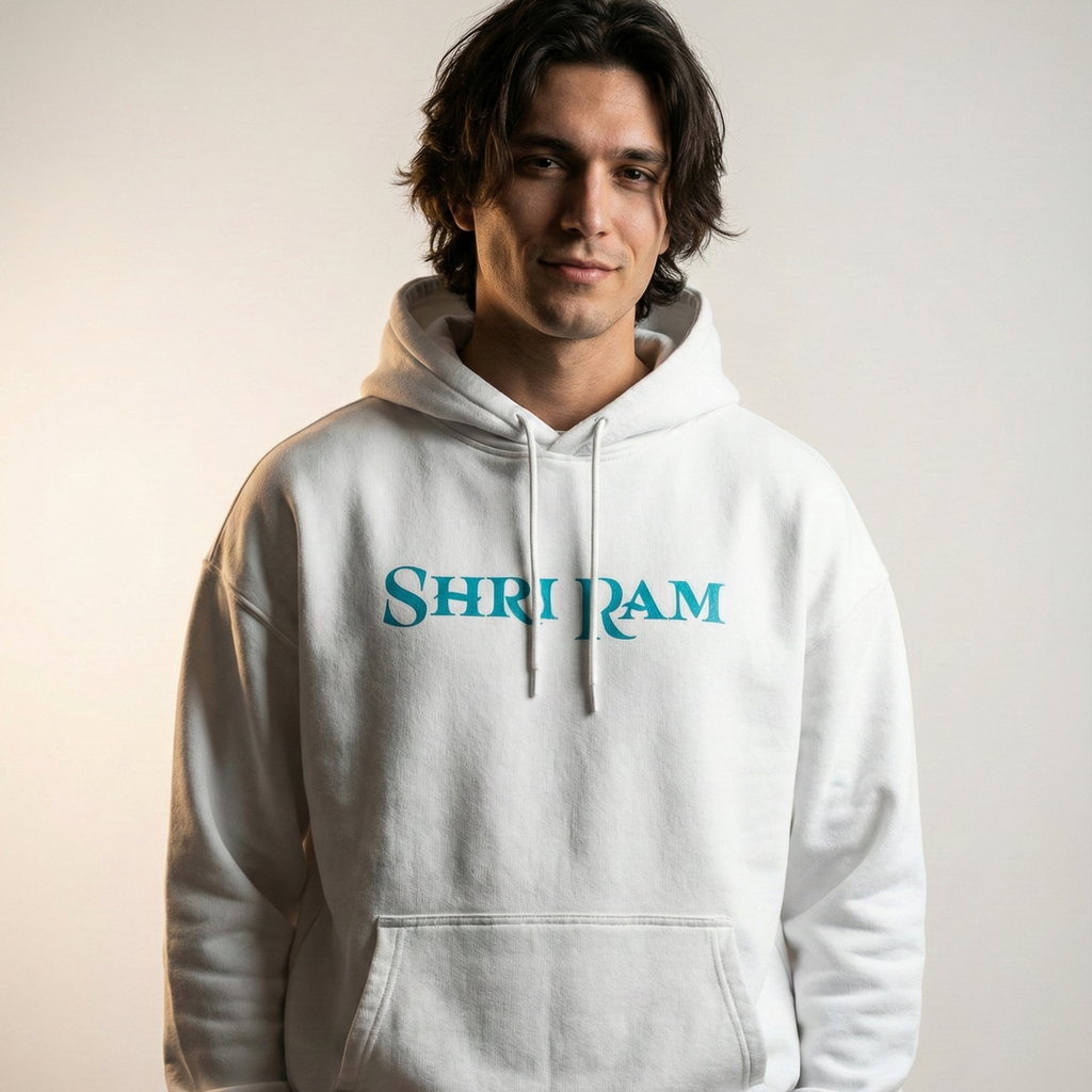 Person wearing a white hoodie with 'Shri Ram' printed on it against a neutral background
