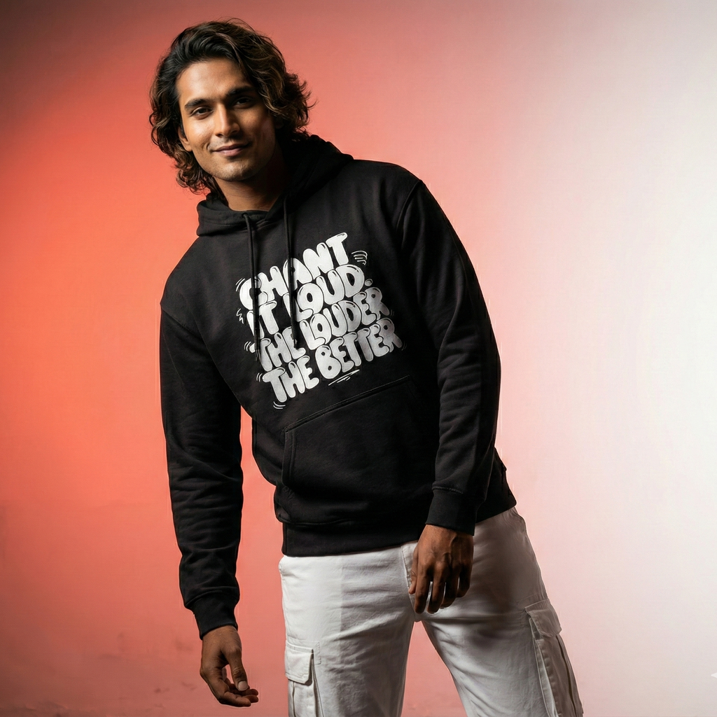 Man wearing a black hoodie with text on a gradient background