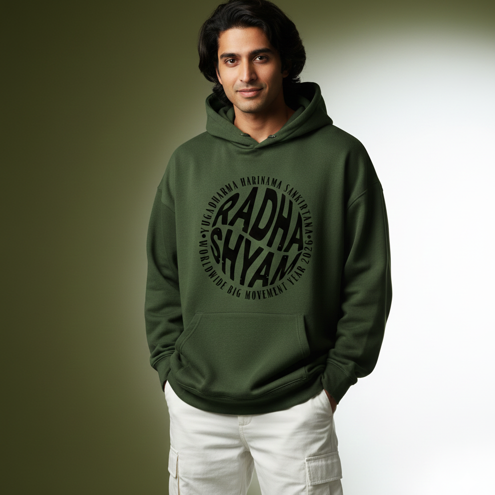 Man wearing a green hoodie with 'Radha Shyam' text on a gradient background