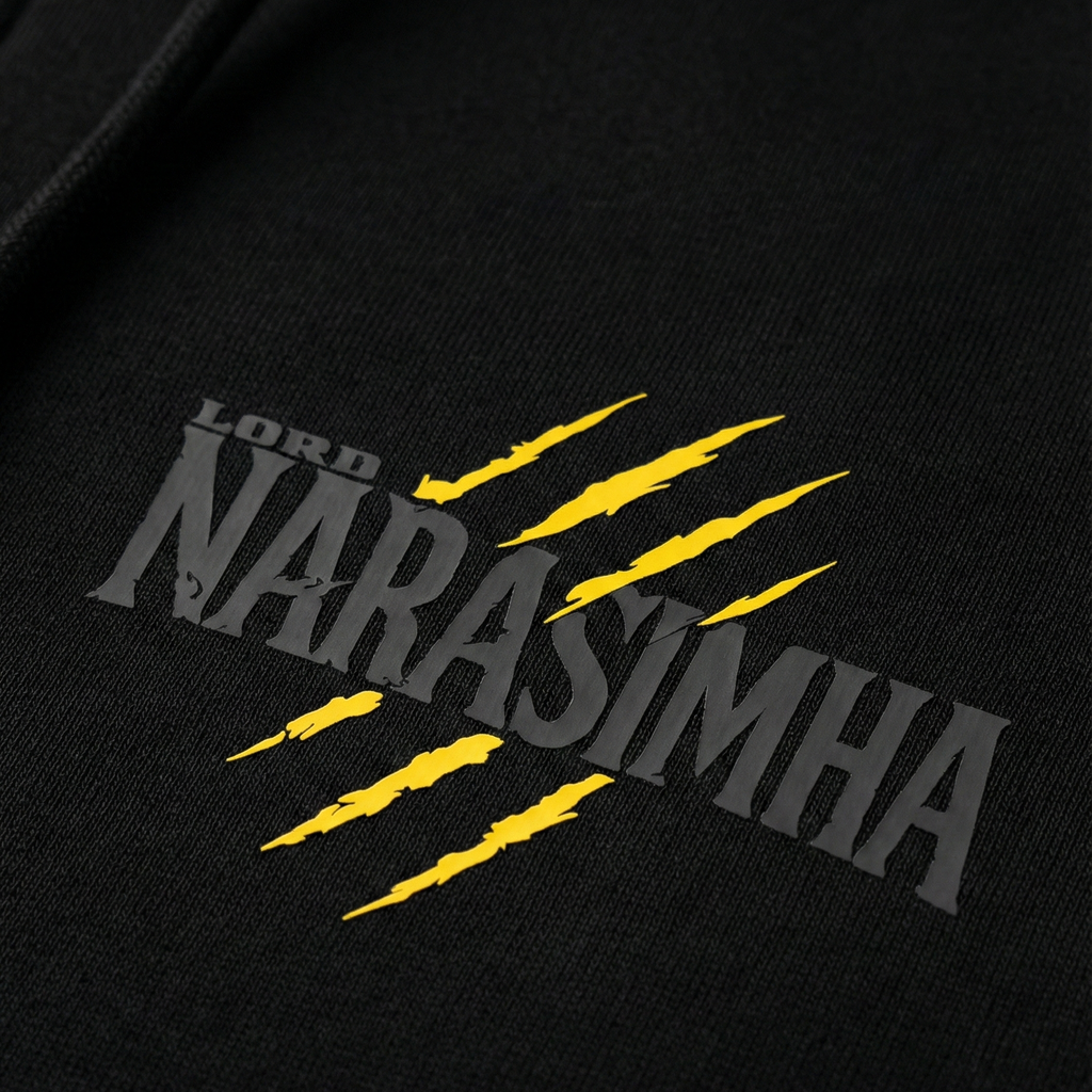 Black hoodie with 'Lord Narasimha' text and yellow claw marks on a dark background