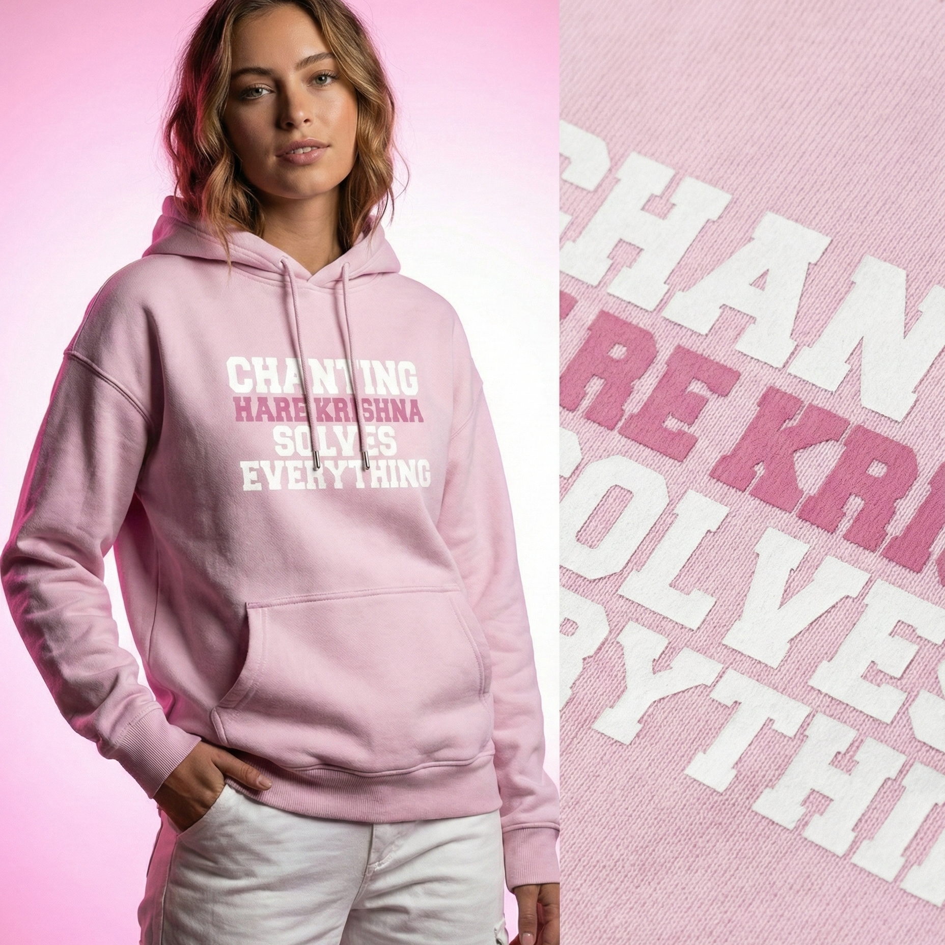 Person wearing a pink hoodie with text, standing against a pink background