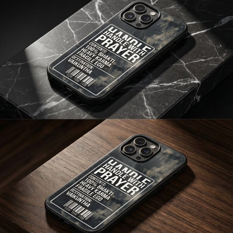 Phone case with text design on a marble, wooden, and black background