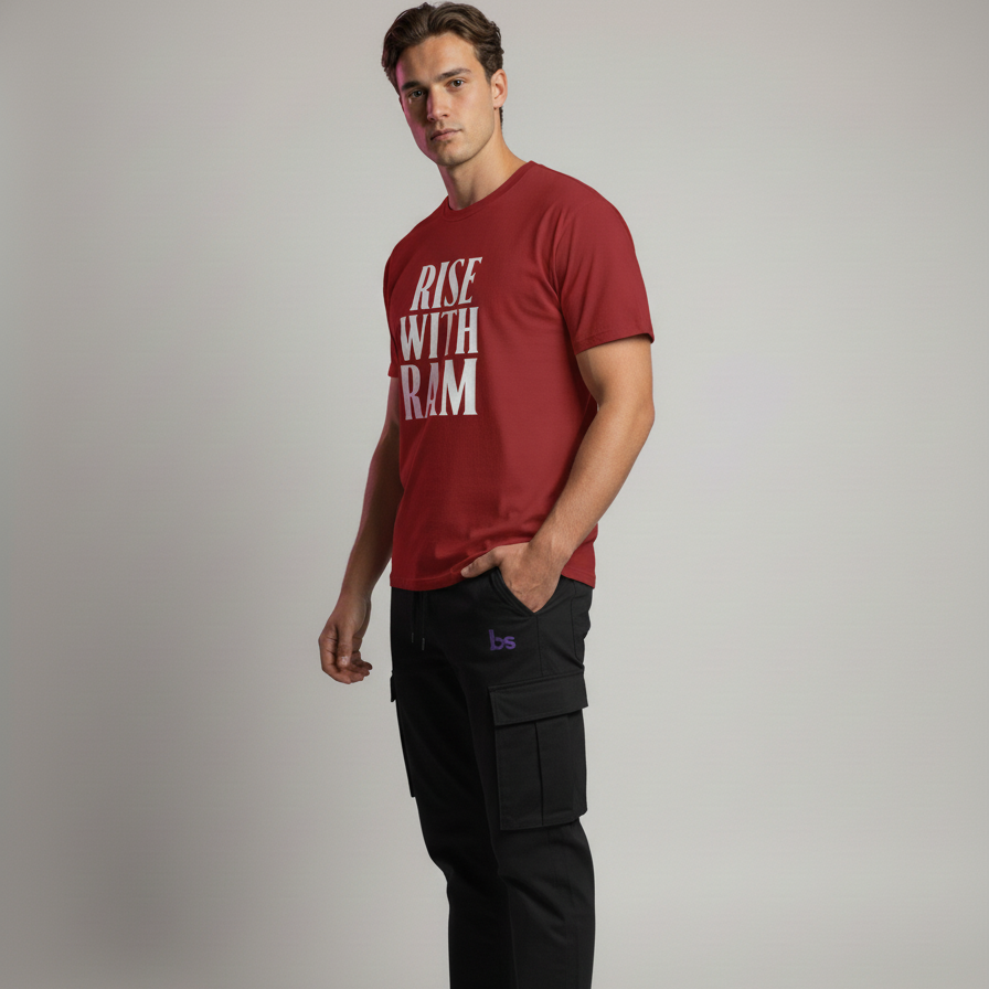 Man wearing a red t-shirt with text and black cargo pants on a plain background